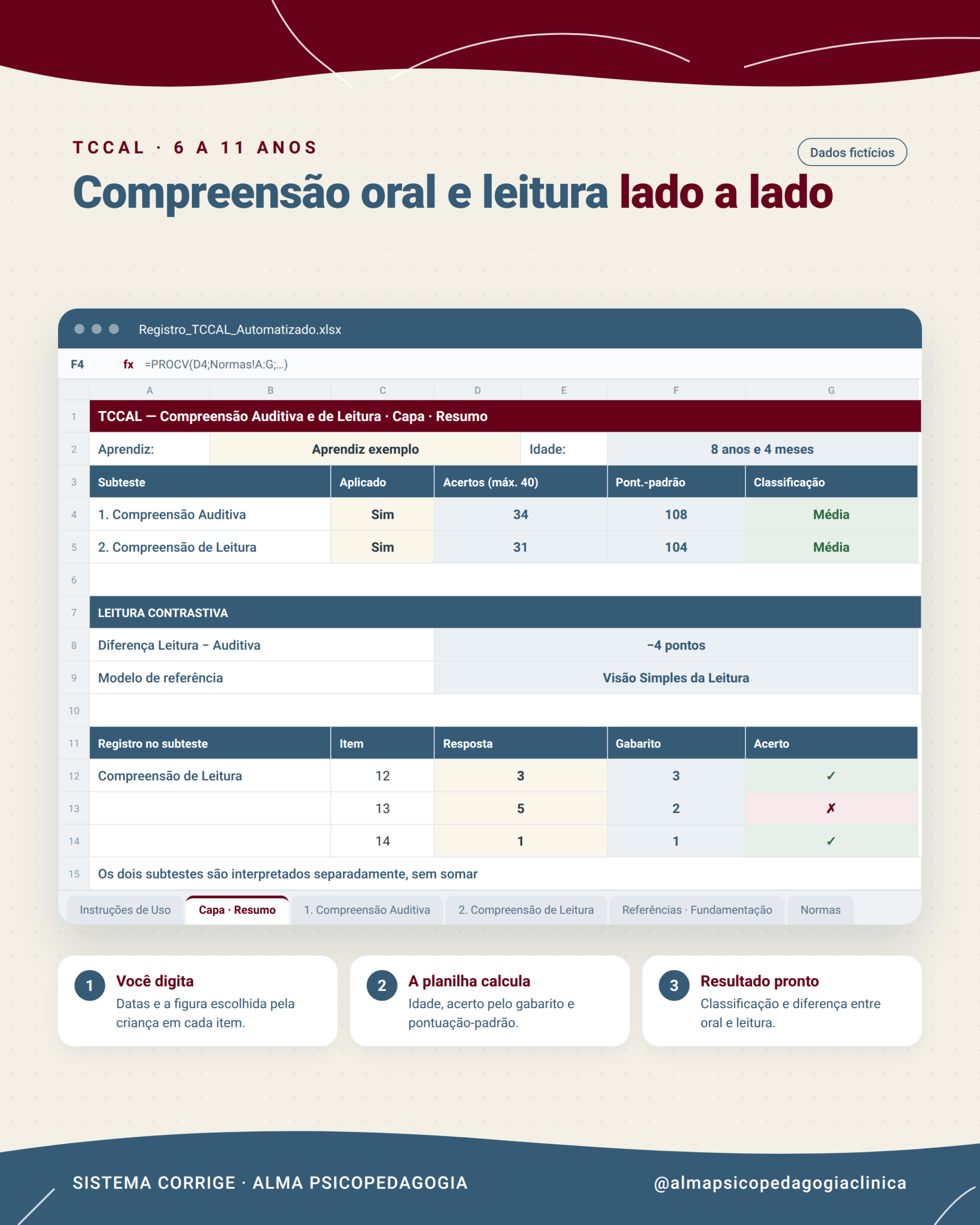 Planilha de correção do TCCAL com dados fictícios