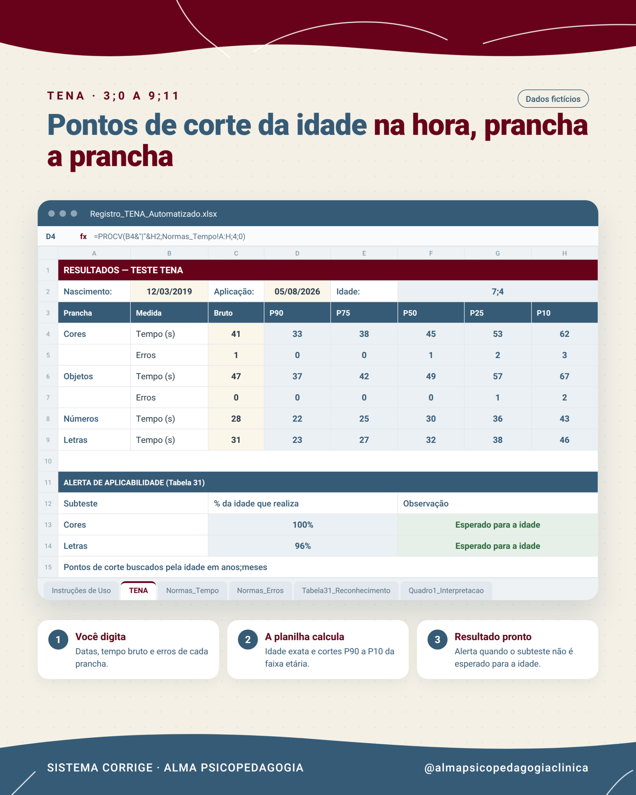 Planilha de correção do TENA com dados fictícios