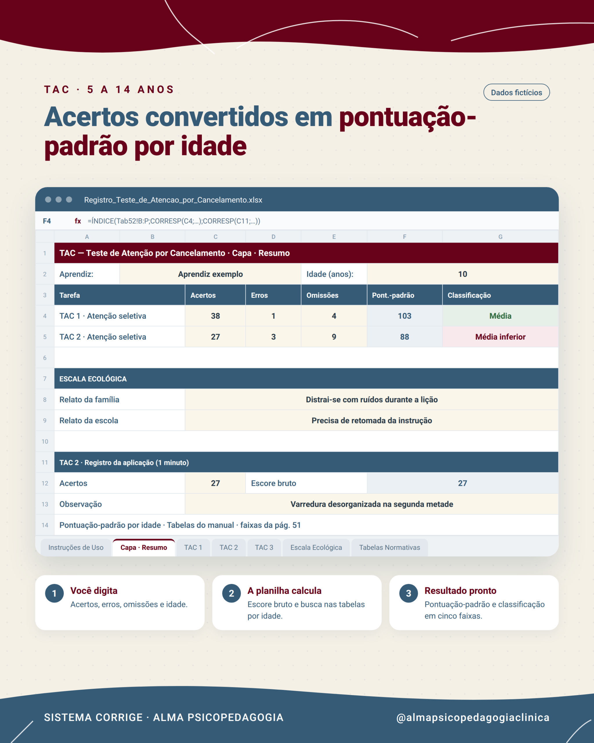 Planilha de correção do TAC com dados fictícios