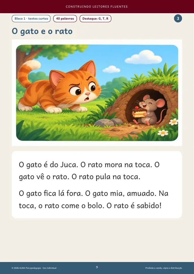 Página da história O gato e o rato em letra de imprensa